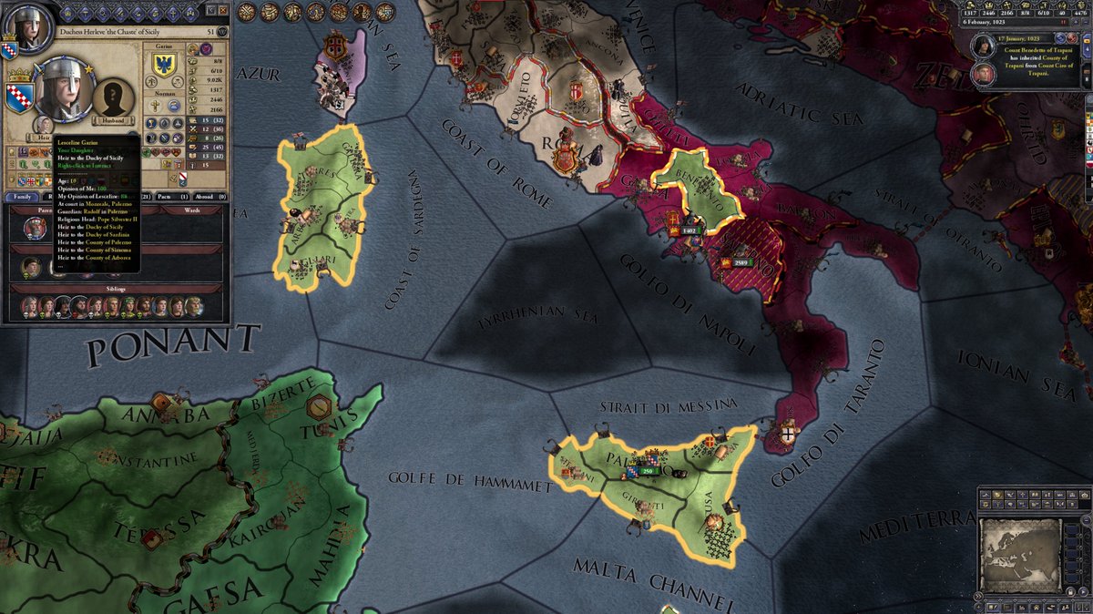 Hokay. Herleve is hanging in there. 51 now and Leseline has just turned 10. The biggest looming issue though is the Byzantines. And that's a little bit of Sicily right in the midst of it.I'm focusing on sitting quietly and trying to build up a war chest. Leseline will need it