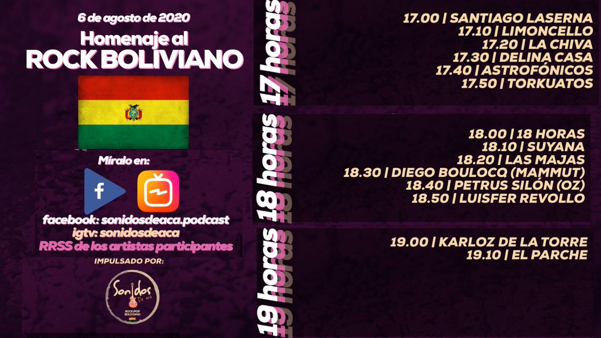 En otras noticias, aún habemos quienes creemos en nuestra cultura, en nuestra educación, en nuestro país.

Este 6 de agosto, celebraremos a Bolivia y su música rock/pop, en un evento sin precedentes. 50 artistas haciendo canciones de otros artistas bolivianos. 

Qué viva Bolivia.