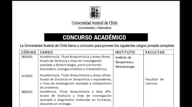 Atención 3 cargos académicos para Bioquímicos o area afin con grado de Doctor en la ciudad má linda de Chile, como dice mi vecino <a href="/opazolab/">Juan C. Opazo 😎</a> <a href="/UAustraldeChile/">Universidad Austral de Chile</a> <a href="/SocBioquimica/">Sociedad Bioquimica</a> <a href="/socbiologia/">Soc. de Biología</a> <a href="/sochigen/">Sociedad de Genética de Chile</a> <a href="/SocChileNeuroci/">SocChileNeurociencia</a> <a href="/SocChilenaRepro/">SChReproyDes</a> <a href="/_SoMiCh/">Sociedad de Microbiología de Chile</a> <a href="/SocFisiolChile/">Sociedad Chilena de Ciencias Fisiológicas</a> <a href="/udeconcepcion/">Universidad de Concepción</a> <a href="/ANEB_Chile/">Asoc. Nacional de Estudiantes de Bioquímica</a>