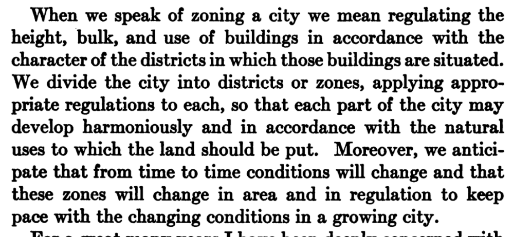 Purdy explains what he means. He doesn't explicitly say he's not talking about racial or ethnic segregation, but he does focus on "height, bulk, and use of buildings". He does say "character" here but I don't think this is code for racial antipathy yet. Zoning can change.