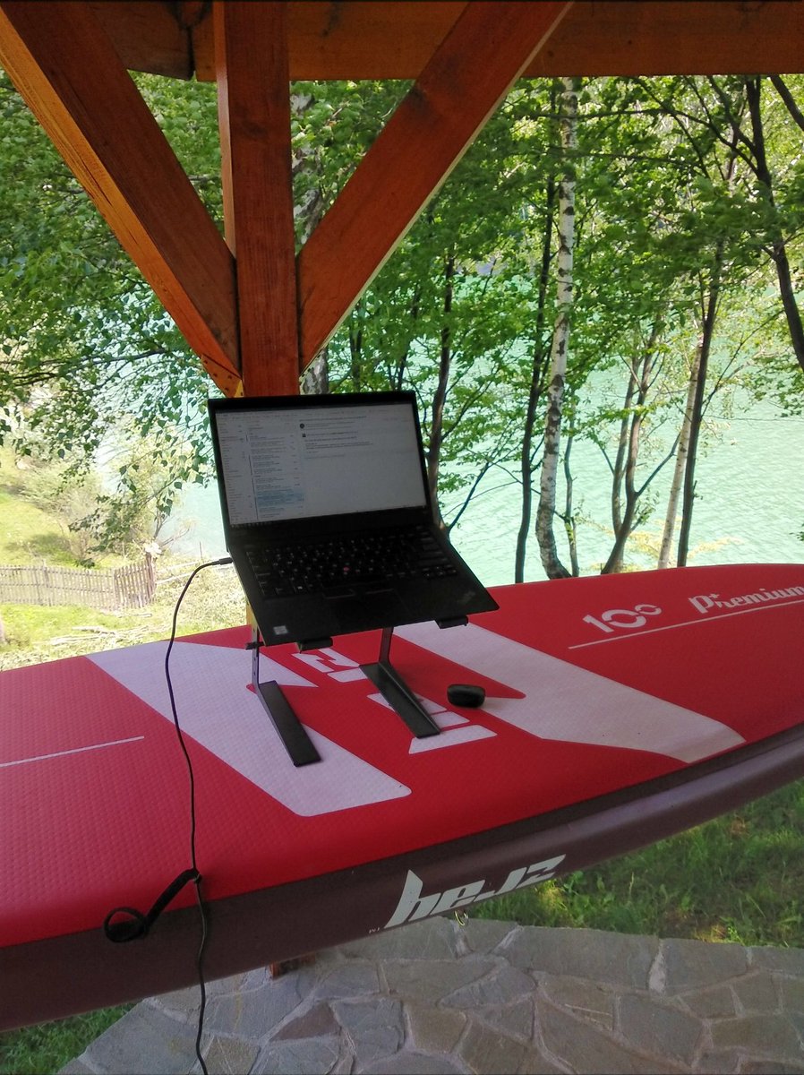 buiestru's tweet photo. Does this temporary covid-19 #wfh setup deserve to be promoted to full-time? It certainly has something going on with its name: stand up paddle board as standing desk base 🤨 https://t.co/GPHbfqJjPI