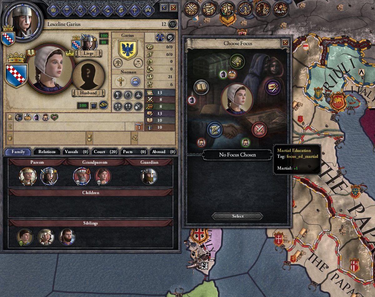 Leseline is 12 now so we get to pick her education focus. We're going martial. We've had her in the guardianship of a Brilliant Strategist all the way through, and I'm hoping that will rub off on her.She's going to need it with those Byzantines lurking.