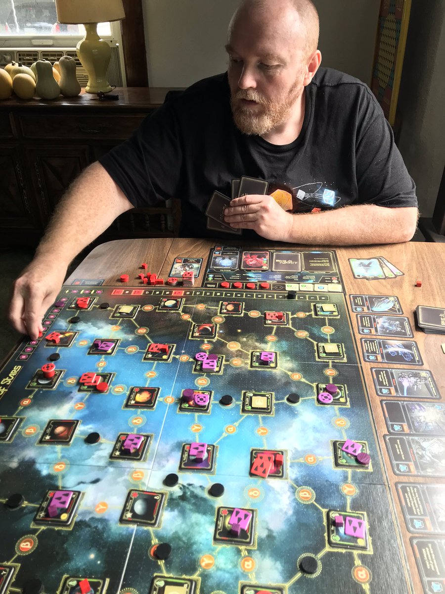 Great session of A Handful if Stars session with Jim. Really enjoyed our play. The mix of developments and research tech cards along with tight combat made this quite enjoyable. Love the shuffle track to end the game. Wonder if it can be used with Mythotopia?