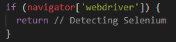 As shown above, note the SC variable, which contains a bunch of attributes that are frequently used by the Slider Revolution plugin (for Wordpress and jQuery). On Line 14 there is an attempt to detect Selenium or other automation. Deobfuscated it's simply looking for this:4/6