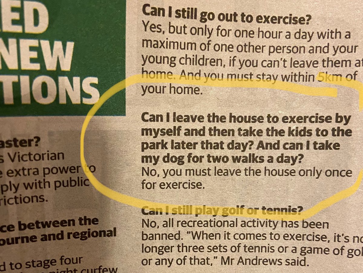 pia_akerman's tweet photo. Is this right? Someone with a dog can only take the dog out once a day? Seems pretty unfair for the dogs - especially bigger dogs who need lots of exercise, and dogs in little apartments. Not to mention the parents who need a soul-cleansing run, then have to take the kids out. https://t.co/kv1Aoq7j6O