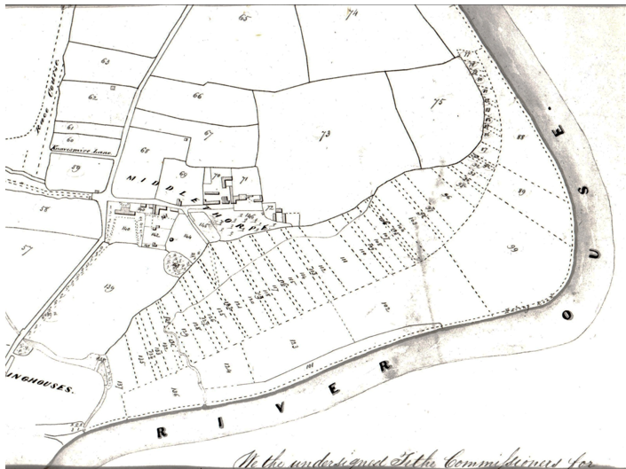 Before Lammas Day, the meadows were divided into numerous strips or 'doles' held by individual villagers and often marked by dole stones. This pattern is evident in the 1836 tithe map for Middlethorpe Ings on the floodplain of the River Ouse.