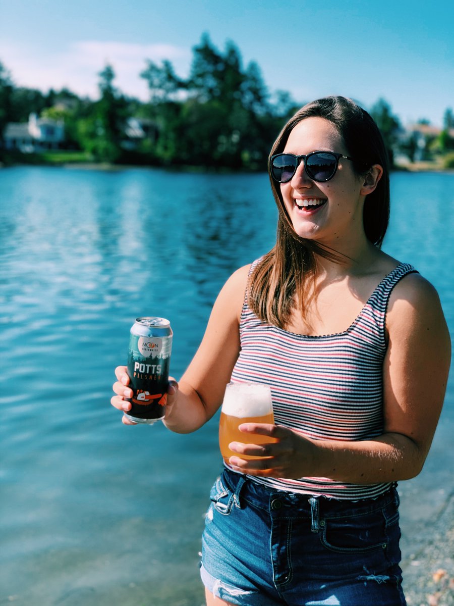 Summer Vibes with Potts Pilsner 🍻🌞🙌 Kate is enjoying this North German style Pilsner featuring Saaz hops with Bohemian malts. 5.2% ABV. A crisp, dry-hopped, citrusy beer. Find tall cans at your local liquor store, on draught at select craft beer bars and at the Pub