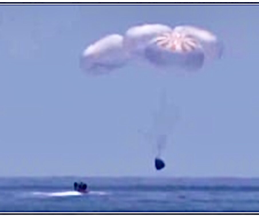 magiwin's tweet photo. #SPLASHDOWN!!    #BobAndDoug aboard #SpaceXDragon. Aug 2, 2020 @ 11:38am/pst.                                   The last splashdown was 45 yrs ago by #Skylab on 2/8/75.  #NASALive #NASA #ElonMusk https://t.co/VRDtXCpaIn