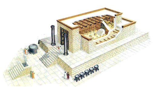The building looks like a real small ancient temple placed on a terrace and accessible by a few steps.Not just any temple ...The door of the temple is framed by two columns, Boaz and Jachin which are those of the Temple of Solomon.