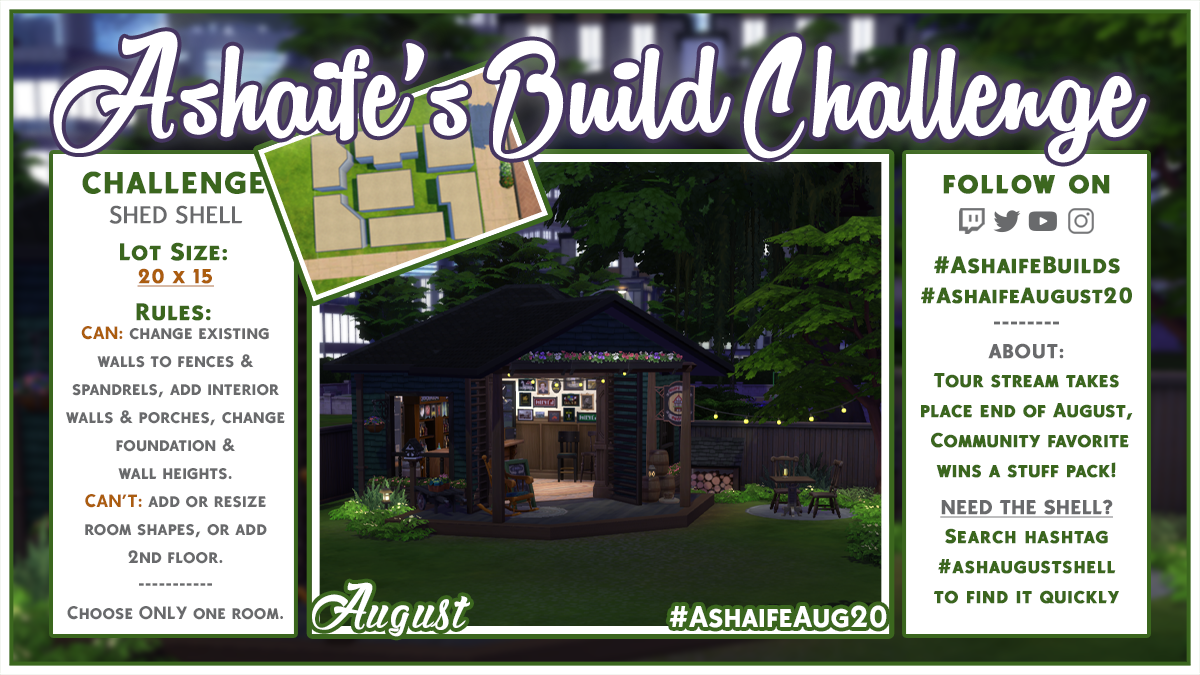 Ashaife's tweet photo. This might be my favorite shell challenge I've ever made! 🥳 Choose one room to create a shed of any style &amp; use! 🏡 She shed? Sure! Workshop? Gotcha! Home office? Sounds productive!

Tours happen end of July &amp; stream fave wins a stuff pack 💗 Can't wait to see you what you do! https://t.co/xXvWg7ijeB