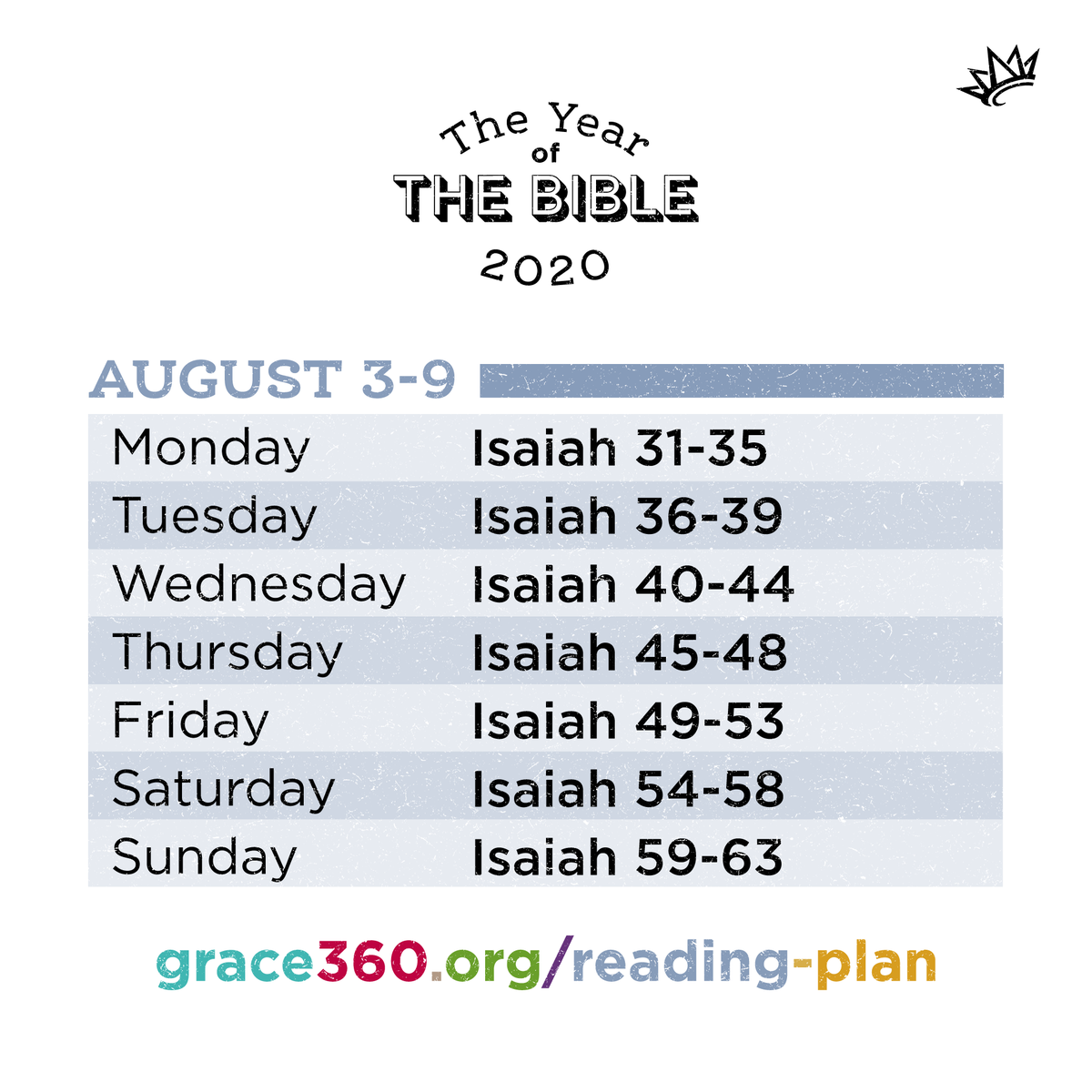Reading the Bible in 2020 with Grace? Here are the chapters for this week. Check out grace360.org/reading-plan for details on how to start this plan on your phone or tablet or to download a copy of the entire plan.