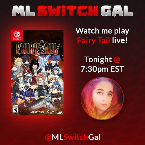 MLSwitchGal's tweet photo. Join me for a fairy tail adventure tonight, 7:30pm est.

https://t.co/FgQusSsAQ5 

#fairytail #anime #mlswitchgal #nintendo #NintendoSwitch #livestream #stream #streaming #streamer https://t.co/O2AaxYzyS2