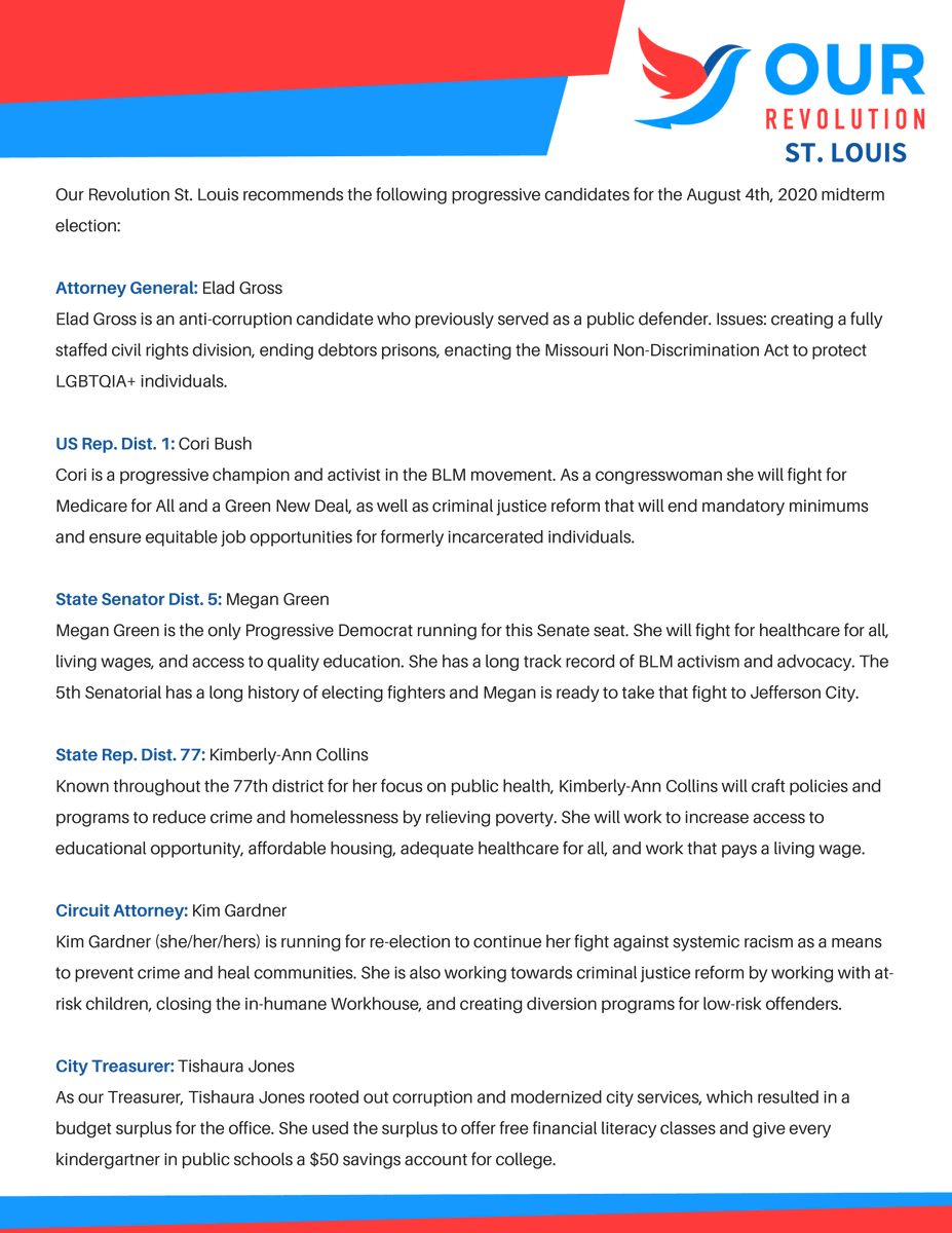 OurRevSTL's tweet photo. Our Revolution STL is excited to share our progressive voter guide for the August 4, 2020 primary. Look into each these progressive candidates &amp; ballot initiatives. We feel confident that they will earn your support.

Become a member of Our Revolution STL: https://t.co/lyXbHHfLUi https://t.co/tTzGMsUISN