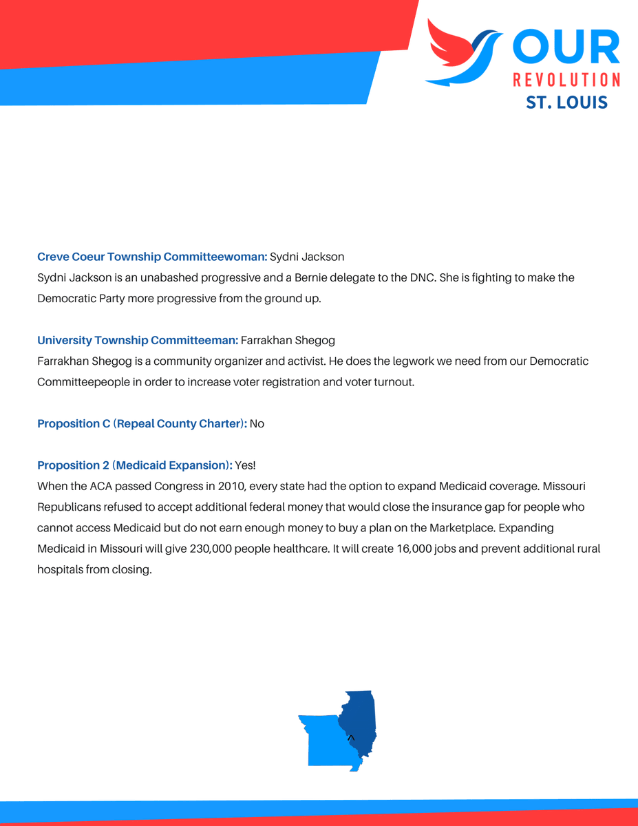 Our Revolution STL is excited to share our progressive voter guide for the August 4, 2020 primary. Look into each these progressive candidates &amp; ballot initiatives. We feel confident that they will earn your support.

Become a member of Our Revolution STL: actionnetwork.org/forms/become-a…