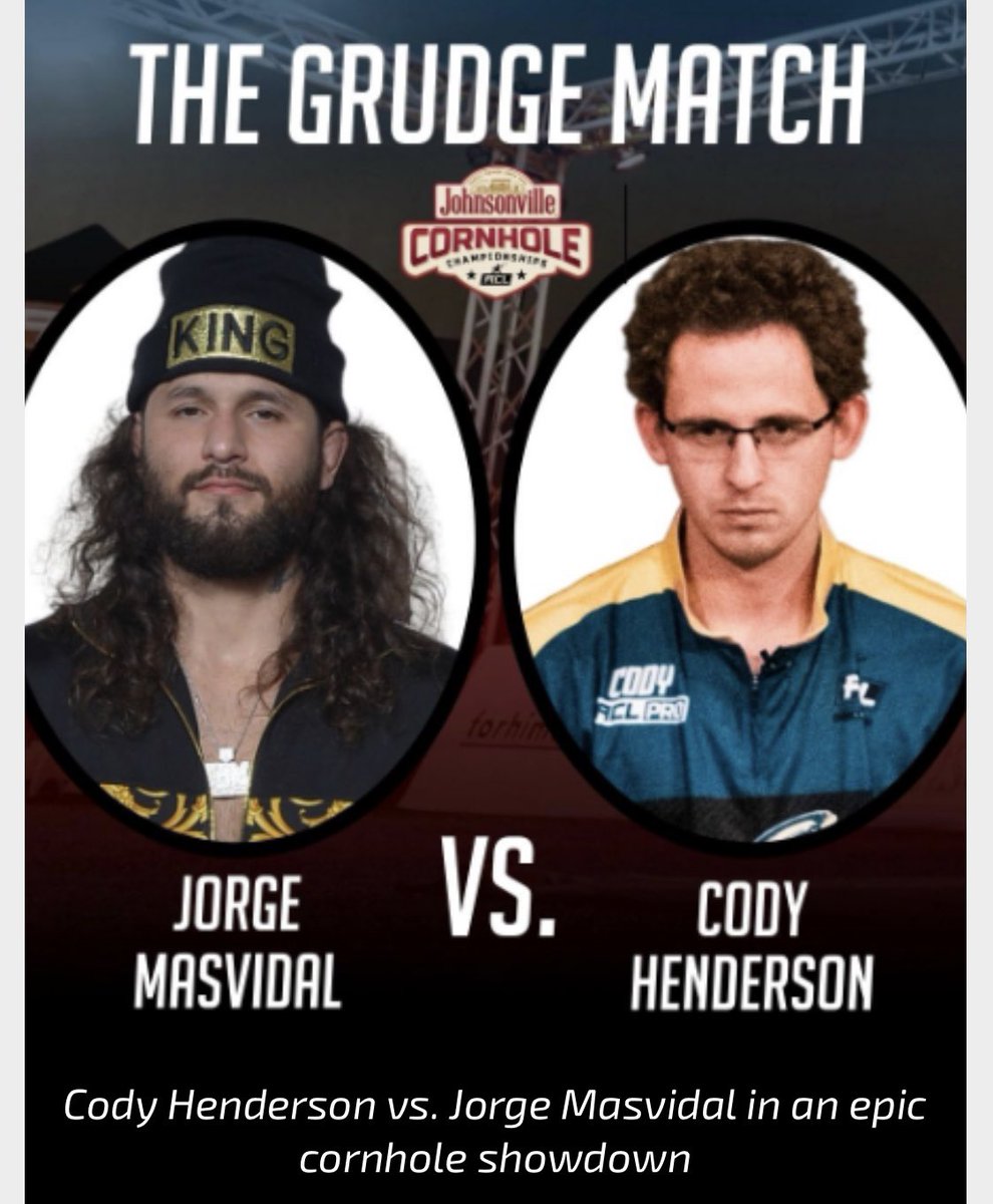 arielhelwani's tweet photo. Jorge Masvidal’s next match is set.

He will compete against American Cornhole League champ Cody Henderson on Wednesday on ESPN2, per the league and his manager Abraham Kawa. Below is the poster and the rules for this mammoth clash of titans. https://t.co/2EsAmRPR76