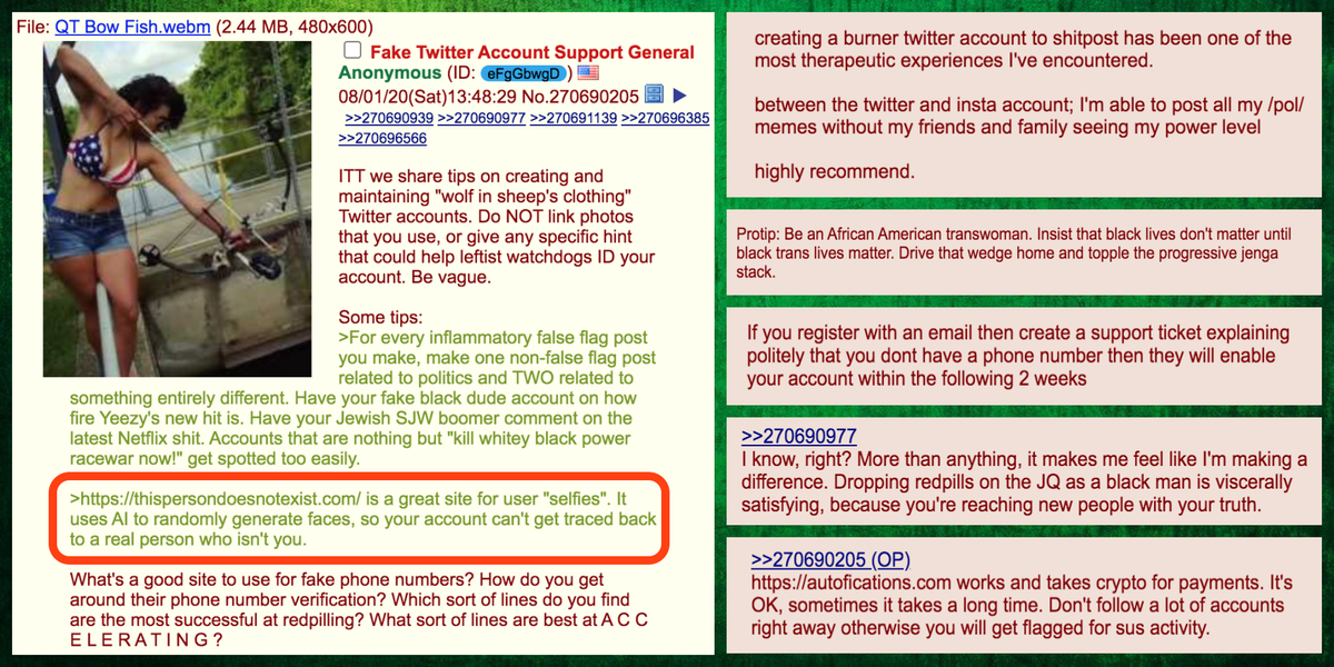 The denizens of 4chan's /pol/ continue to encourage the creation of fake Twitter accounts using GAN-generated face pics from thispersondoesnotexist(dot)com, so we rounded up a dozen more possible examples.  #ASeriesOfUn4chanateEventscc:  @ZellaQuixote  https://twitter.com/conspirator0/status/1286878425362440193