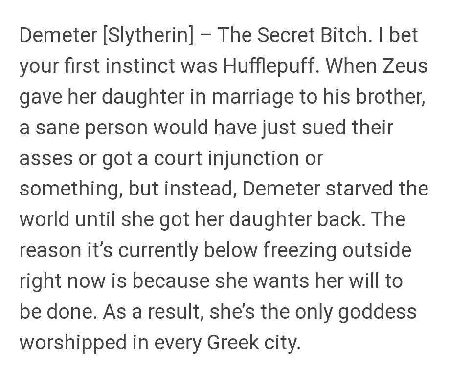 slythpotterhead's tweet photo. Greek Gods who are sorted into Slytherin :
Zeus, Hera, Ares, Demeter
#Slytherin #GreekGods #GreekMythology #HarryPotter #Zeus #Hera #Ares #Demeter https://t.co/mPMcD9lydp