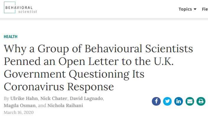 3) On 14 March, 700 behavioural scientists published an open letter calling out  #LockdownFatigue as cod scienceIt would later emerge that earlier in March, Spi-B & SAGE had said there was limited evidence for the idea of  #BehaviouralFatigueClearly the govt ignored the science