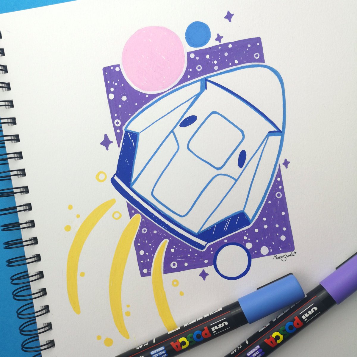 MoonshadeArt's tweet photo. Was anyone else hooked to their TV tonight watching the successful splash down of the Dragon tonight? 🚀✨ Congratulations Bob and Doug on your successful mission, and welldone to the Nasa and Spacex team 🌠 #space #nasa  #spacex #dragon #poscaart #posca #illustration https://t.co/fqDCi5l3xc