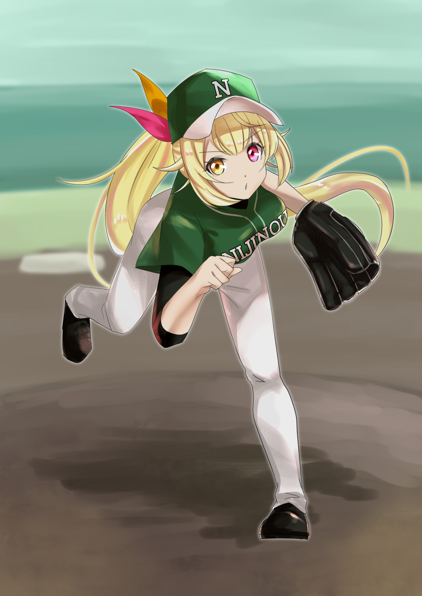 hoshikawa sara 1girl baseball uniform blonde hair heterochromia baseball mitt long hair solo  illustration images