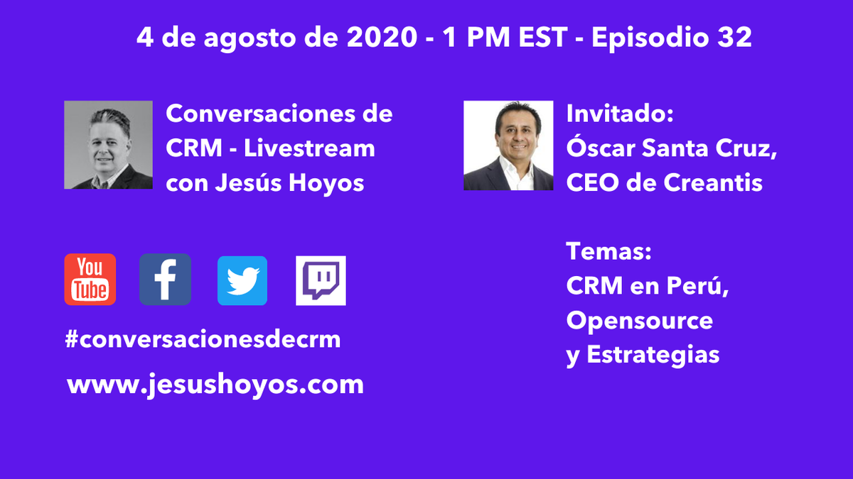 jesus_hoyos's tweet photo. Este martes a las 1 pm EST, Conversaciones de CRM tendré como invitado a @oscarsc, CEO de Creantis. Temas: CRM en Perú, open source y las diferentes metodologías para implementar estrategias de CRM. 

https://t.co/tLCVOeM17f

#cx2advisory #conversacionesdecrm https://t.co/Mcg6uEGjjb