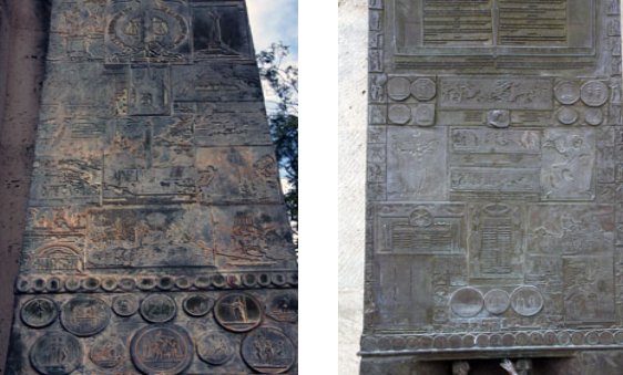 At the back of the monument, two dark obelisks give an Egyptian aesthetic to the whole. The obelisks are not left out of symbolic writings. They are covered with inscriptions and Masonic signs.