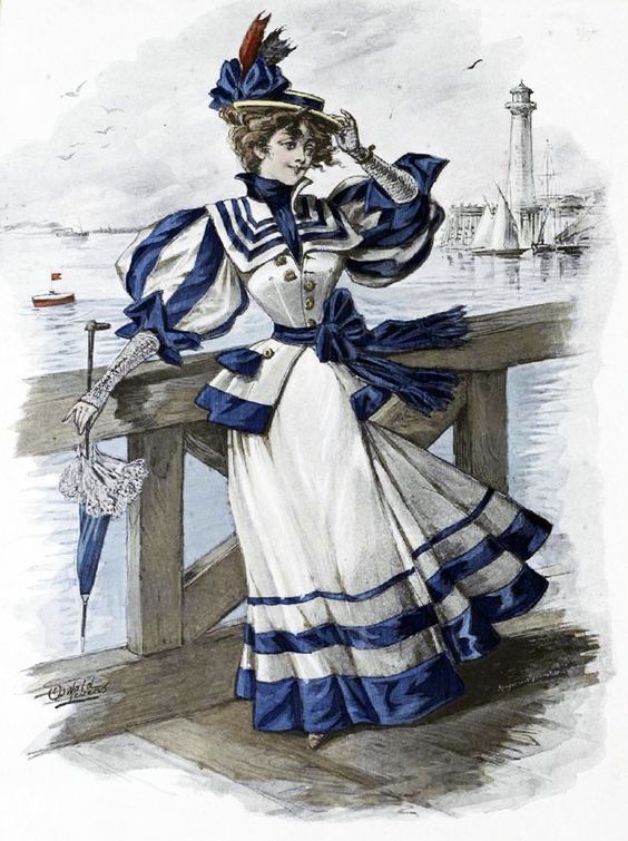 Seaside dresses often incorporate a nautical theme, having sailor’s collars and military-inspired embellishments. Blue, red, and white are popular colors, especially in stripes. For practical reasons these dresses should be of walking length and not trained.