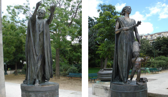 Two statues adorn the monument, but there is no clear indication to identify them. Like everything else, they are covered with inscriptions and hermetic symbols.