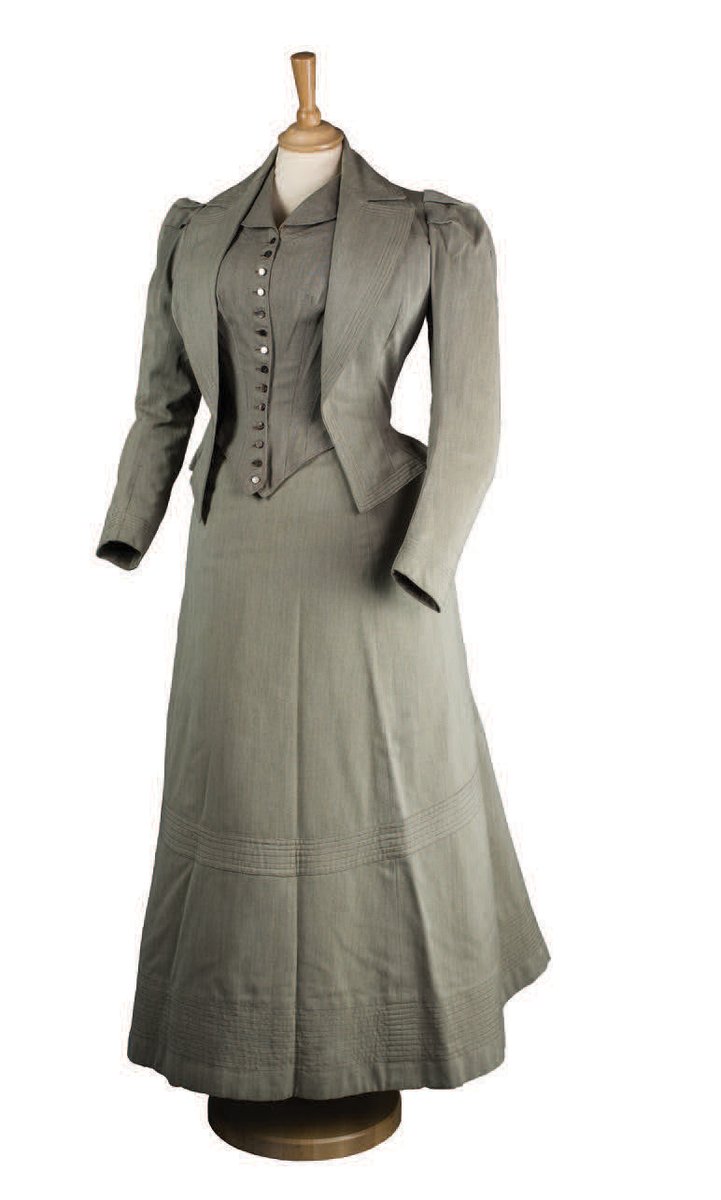 HUNTING ENSEMBLE: This outfit is meant to be worn out-of-doors while hunting. Early on, it could be a simple walking dress made with economy. In later years, a hunting dress might be comprised of a mid-calf length skirt and snug trousers.