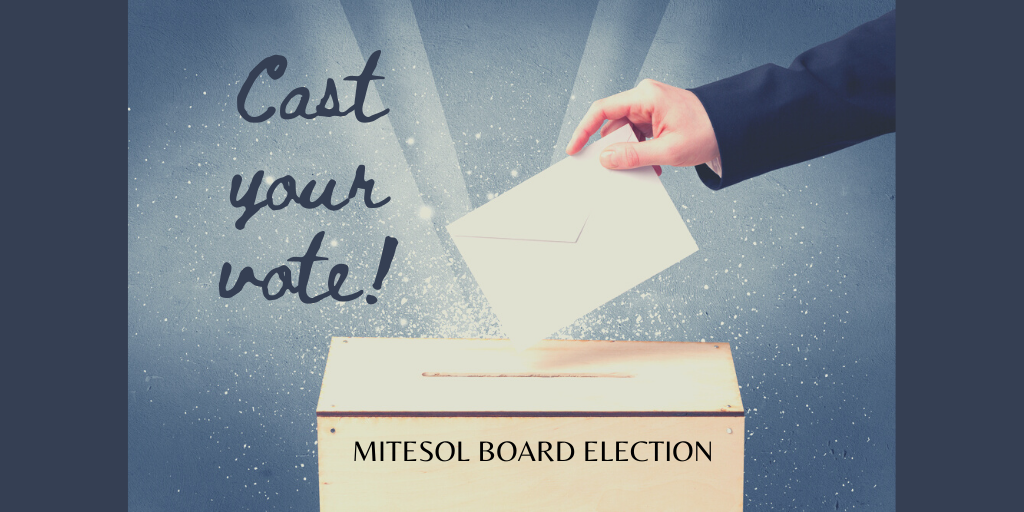 mitesol's tweet photo. We invite MITESOL members to vote for the candidates we have lined up for various positions on the Board. The ballot is only accessible to members when logged into our website. Cast your vote today!

Voting Deadline: 11:59pm on Sun, 8/16/2020
Voting Link: https://t.co/XypGoGL3RB https://t.co/Dk8WZTP0p3