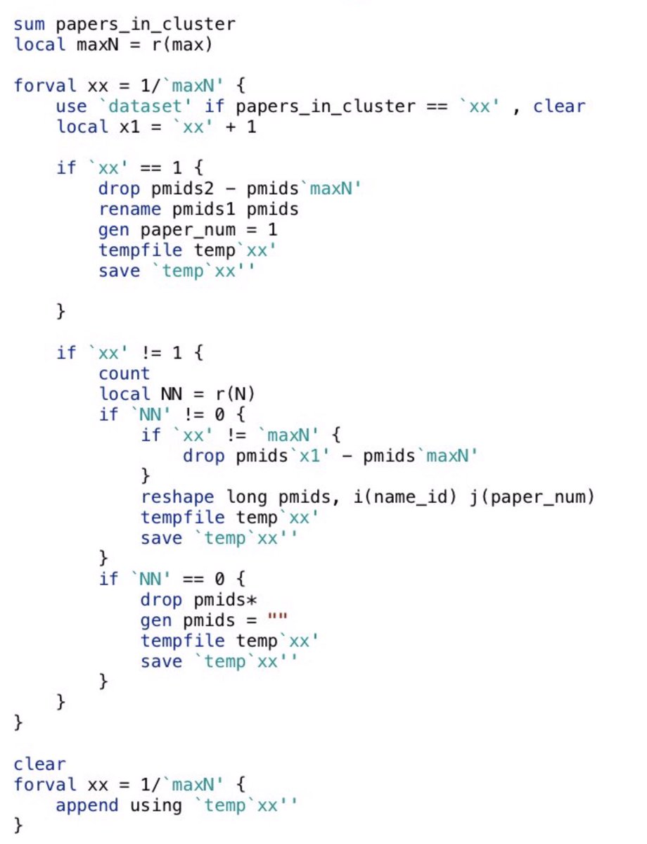 Fwiw, compare the following bits of code. This is literally the most recent bit of Stata code that I rewrote in R.