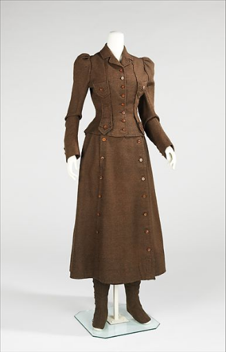 CYCLING ENSEMBLE: A variation on the Bloomer costume is called for while cycling in the later decades. It consists of a split skirt, or else long, full trousers that tuck into a pair of tall boots, and a short, tightly-fitted bodice.