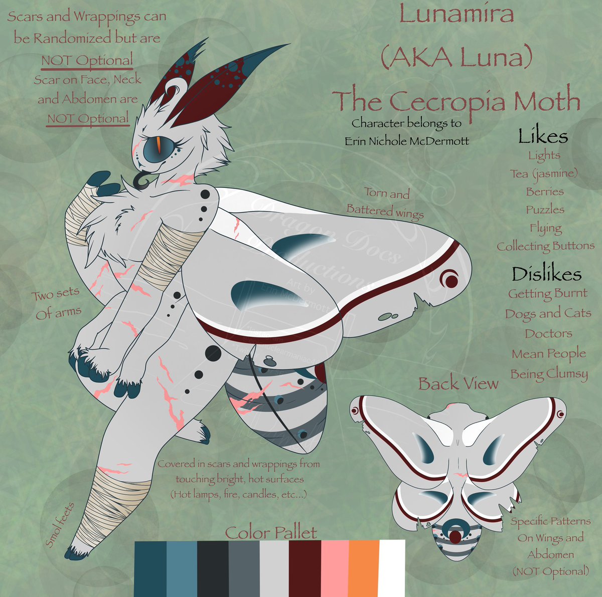stardragon756's tweet photo. Say hello to my new girl Luna!!! She is a Cecropia Moth! She has issues with touching hot lamps and fire thats why she has those scars and wrappings! Shes clumsy and i love her! 🥰💕
#mothsona #mothcharacter #furry #furryfandom #furryartist #fursona #fursonaart https://t.co/MM7uO6H7oW