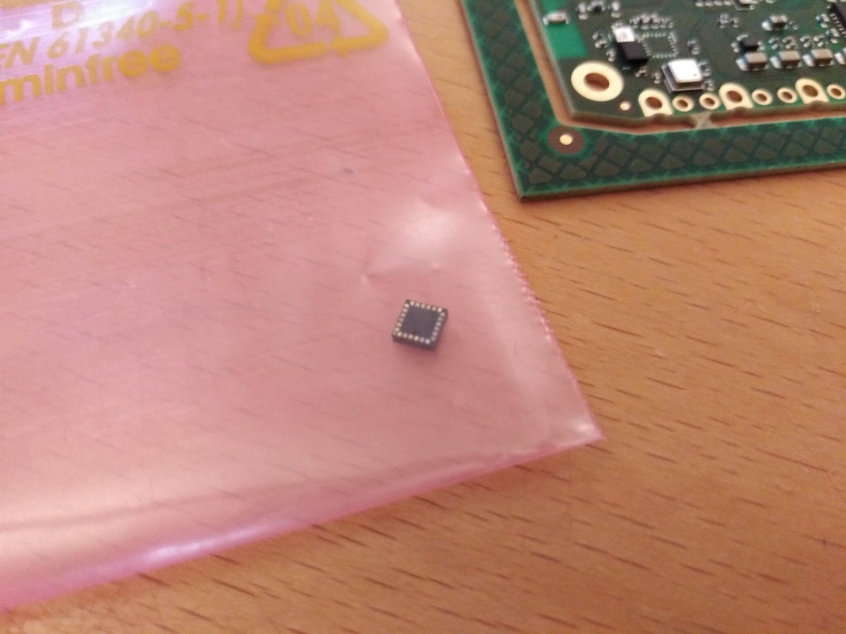 While handling the prototypes we notice a lose part in one of the bags. A QFN has come lose. This might explain why on some PCBs that part is not working. Certainly not a good sign. Maybe the 80 um solder stencil was too thin? Why do some of the pads still look golden on the PCB?