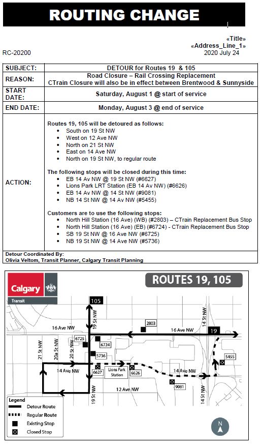 calgarytransit's tweet photo. #CTRiders Between Saturday Aug 1, start of service and Monday Aug 3 end of service. Detours will be in place for #Route19 #Route31 #Route40 #Route91 #Route105 #Route404 #Route414 to accommodate the road closure on 14 Ave. https://t.co/5Mshy6jLc4