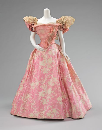 BALL GOWN: For a ball, a lady could pull out her grandest, most fanciful attire. Elaborate trimmings of lace, flowers, or ribbon were appropriate only here. Fabrics depend upon your age: