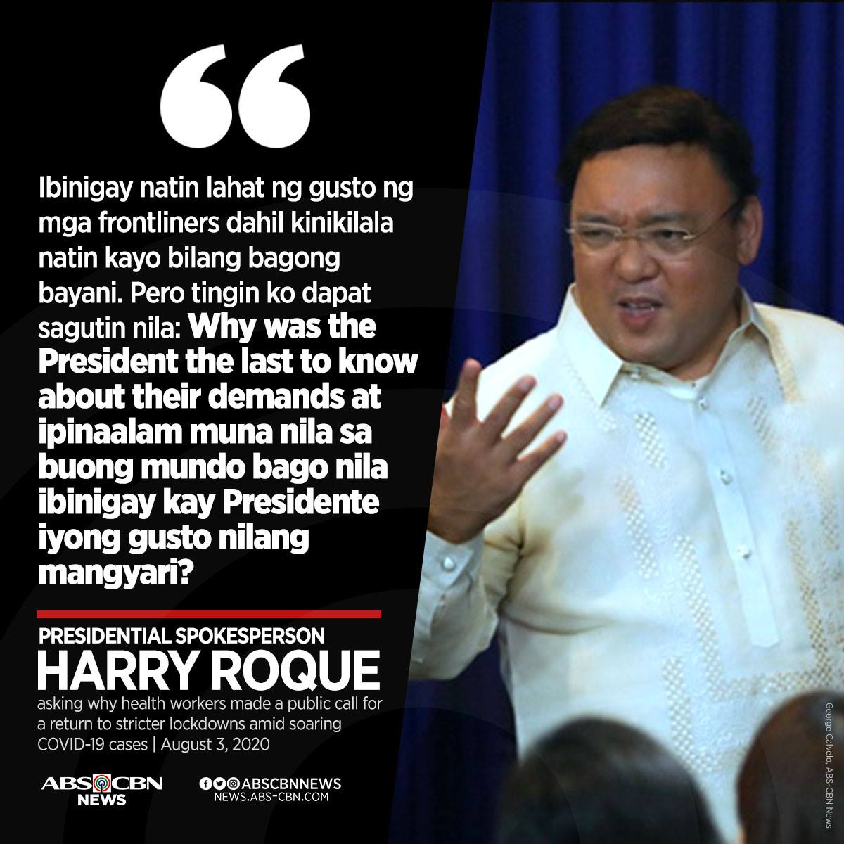ABSCBNNews's tweet photo. Palace spokesperson Harry Roque questioned health workers on why President Rodrigo Duterte was the "last to know" about their demands for improving the country's #COVID19 response. 

READ: https://t.co/C7hNnXoKQ5 https://t.co/ZVqsfEbxob