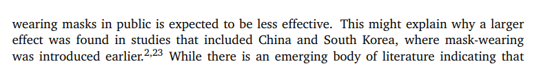 14/n Indeed, many places only implemented these mandates after other regulations, so it could be that the MARGINAL (i.e. additional) benefit of masks on top of other social distancing regulations was small, but that by themselves the benefits could be larger