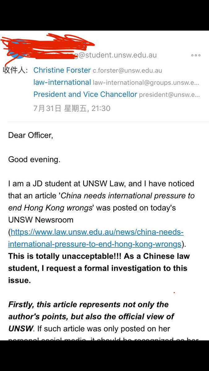 More evidence showing how Pro China students tried to stop the article to b published by mailing UNSW.Some students even demond  @NUSW to expell all HongKong students from the uni and sack  @PearsonElaine via bombing UNSW‘s Instagram.