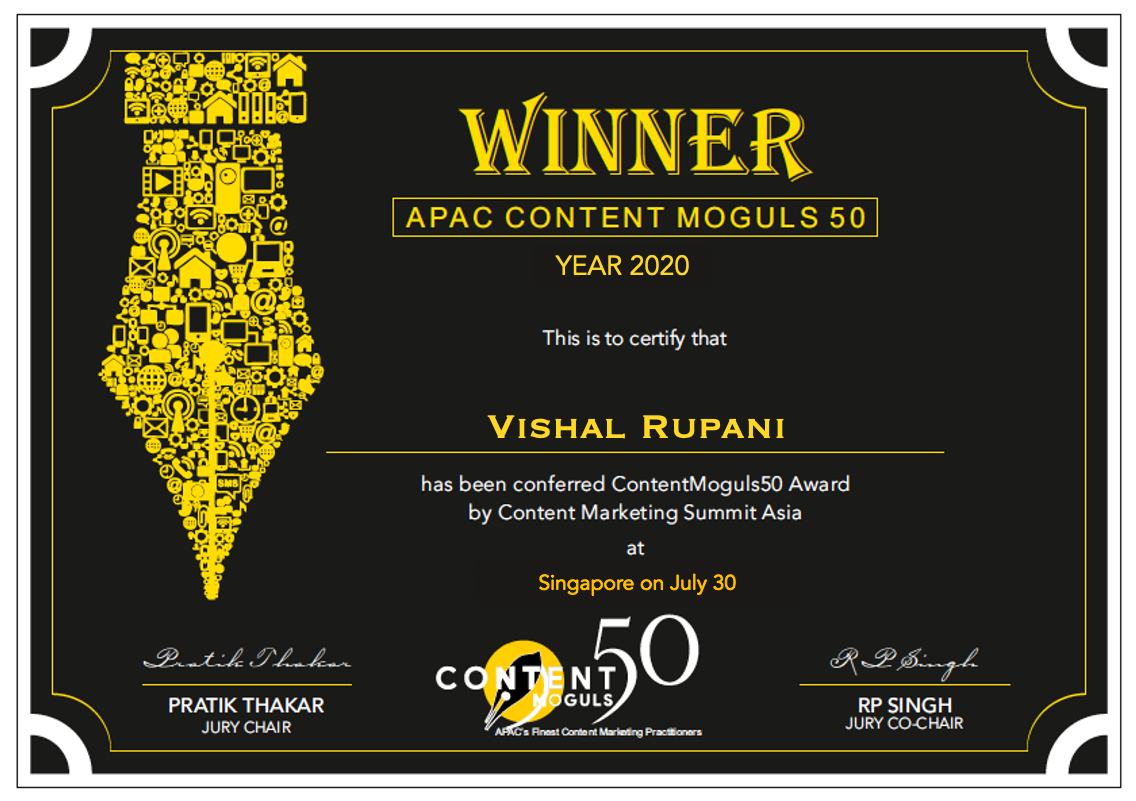 vishalrupani's tweet photo. Elated to share some good news during these tough times of pandemic.
I was honored with the 'APAC Content Moguls 50' recognition by @CMSAsia under the 'Individual' category.
#ContentLeaders #ContentMoguls50 #CMSAsia #ContentMarketingAwards https://t.co/EqlWqjB4ky