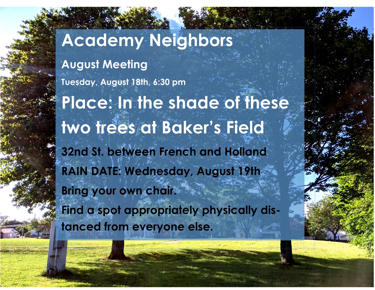We're holding our regular meetings outside. Fortunately, we have a beautiful green-space owned by <a href="/eriesd/">Erie's Public Schools</a> at E. 32nd and Holland, Baker's Field. Our August meeting is on Tuesday the 18th at 6:30 pm. #eriepa #erieneighborhoods #ourerie #erietogether