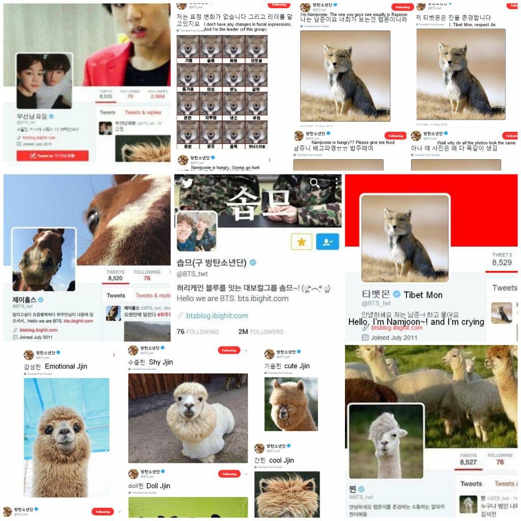 Even more  @BTS_twt twitter layout and profile changes from 2016 April Fools. Jin and Joon. Tibetmon. and All. The. Llamas.