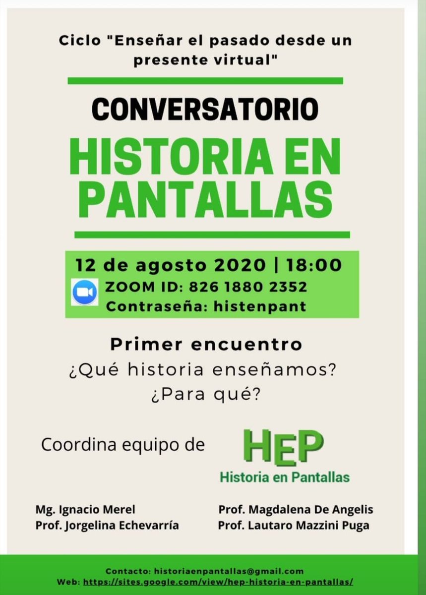 @jor_echevarria y el equipo de #HistoriaEnPantallas inician ciclo conversatorio sobre qué enseñamos cuando enseñamos el pasado en este presente virtual. No te lo pierdas youtu.be/v5jQNq9BncA 
🕰️18.00hs
☀️12/8
<a href="/mosqueterosTE/">Mosqueteros - tecnología educativa</a> <a href="/infodARG/">Instituto Nacional de Formación Docente</a> @docente2punto0