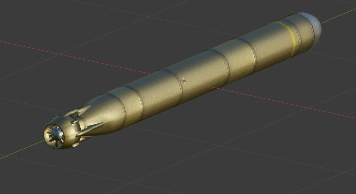 Sanetomoworks ゲーム用の魚雷は大量生成 高速移動させるローポリモデルなので 動画用にmark48 式魚雷 を新たにモデリング 海自の実弾は金色 という事で 今までの濃緑色から金ピカに もうちょっとくすんだ色合いかも知れない 魚雷戦用意 Blender