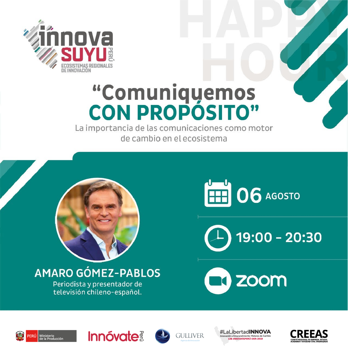 CREEASLL's tweet photo. 📣💡 [HAPPY HOUR] Amaro Gómez-Pablos, periodista y presentador de televisión chileno-español presentará su tema: “Comuniquemos con propósito: la importancia de las comunicaciones como motor de cambio en el ecosistema" 
🔗 Inscripción: https://t.co/KSiG6xKGqH
#LaLibertadINNOVA https://t.co/Xv9R7J4qYu