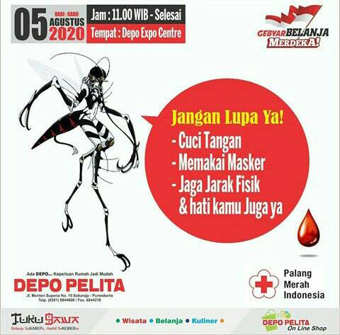 #INFO #DonDar #Purwokerto | 5 Agustus 2020 | 11.00 - selesai | Depo Expo Center  Pelita. Jl. Menteri Supeno No. 10 Kalikidang, Sokaraja |  @StandUpPWT <a href="/kammi_pwt/">KAMMI  Purwokerto</a> <a href="/UtdIndonesiaPWT/">BAWOR REDS</a> @PWT_kotasatria <a href="/Sahabat_Pwkerto/">Sahabat Purwokerto</a>