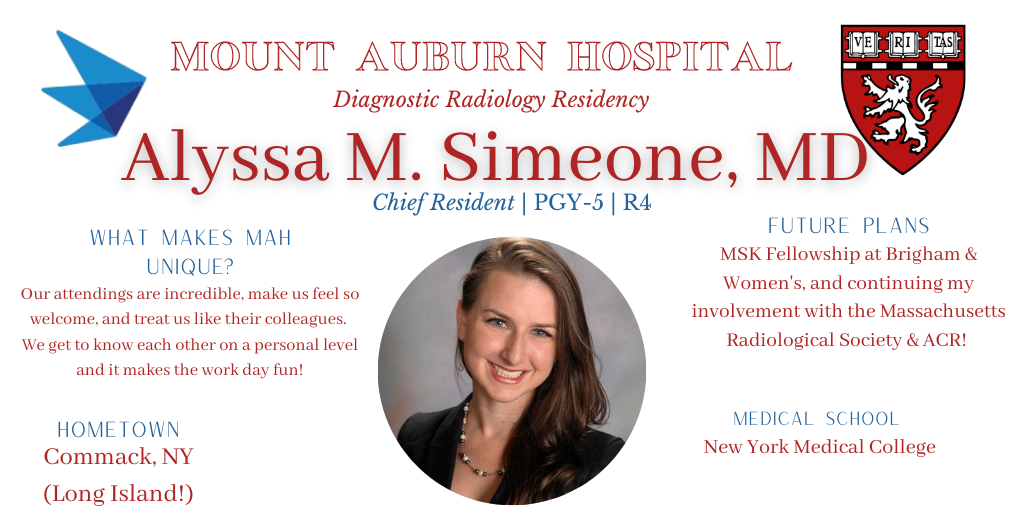 MtAuburnRadRes's tweet photo. ⏩⏩MEET OUR RESIDENTS!⏪⏪

Today we are featuring @AMSimeoneMD, current R4 and Chief Resident! She is headed to @BrighamRad for MSK fellowship next year!

#DYK she is the PRESIDENT of @MRSRFS?! Total superstar! 

#futureradres @futureradres #radres https://t.co/bGplAKSM7e