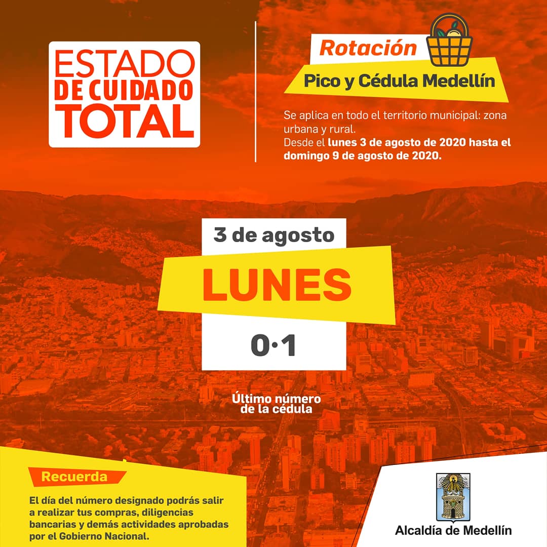 AlcaldiadeMed's tweet photo. Presentamos la rotación del #PicoYCédula para el día lunes 3 de agosto, correspondiente a los dígitos 0 y 1. Recuerda que solo podrás salir a abastecerte y realizar las actividades autorizadas por el Gobierno Nacional.
#MedellínCuidadoTotal. https://t.co/5zOEap1Cbd