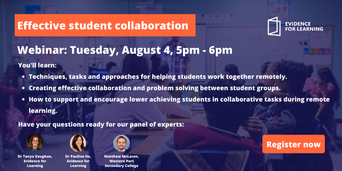 Join us and the 400 educators who have registered for our webinar tomorrow on student collaboration with <a href="/MCLarenteach/">Matthew McLaren</a> and <a href="/tvaughanEdu/">Dr Tanya Vaughan (she/her)</a> in remote, blended and online learning settings and explore the importance of connection and learning. Register at bit.ly/310ttiL