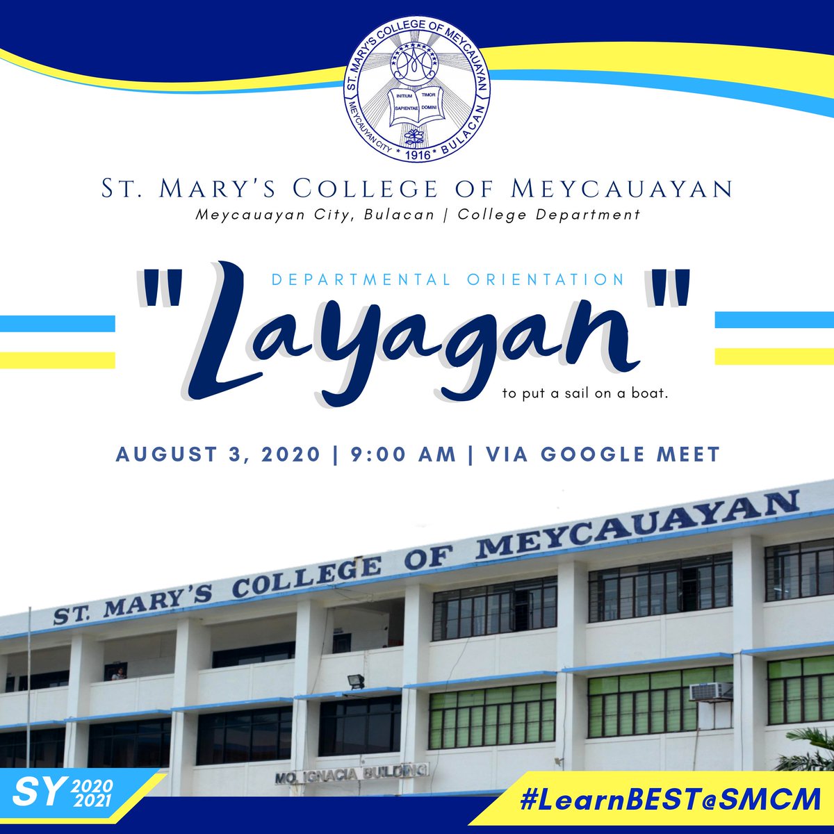 smcmmsc's tweet photo. LAYAGAN | August 3, 2020 | 9:00 AM

📌 Departmental Orientation

#Layagan #CollegeOrientationWeek #TeamKolehiyo https://t.co/ecBCLRTtd3